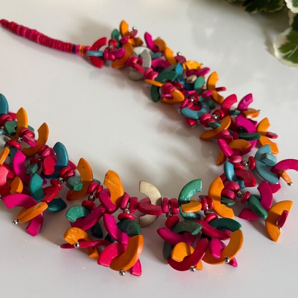 Boho Multicolor Wooden Bead Statement Necklace Chunky Tropical Artisan Jewelry - Picture 5 of 8